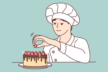 Smiling pastry chef decorating cake with fruits. Happy female baker finishing dessert with raspberries. Cuisine and bakery concept. Vector illustration. . Happy chef decorating cake with berries 