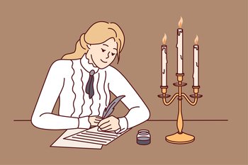 Young woman in retro clothes sit at desk write with feather and candles burning. Happy lady handwrite on paper during old times. Vintage style. Vector illustration. . Woman write with feather in retro style