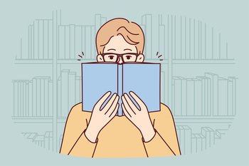 Man in glasses reading book in library. Happy guy in eyewear enjoy literature in bookshop. Education and learning. Vector illustration. . Man in glasses reading book in library 