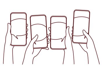 Hands of people holding smartphones with sale announcement or notification on screen. Concept of seasonal promotion and discount and online shopping. Vector illustration.. People hands with smartphones with sale notifications