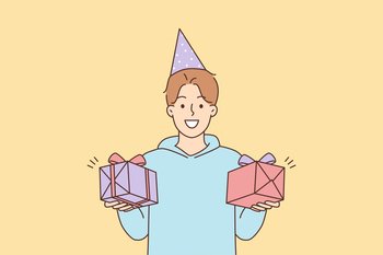 Smiling young man in birthday hat holding presents in hands. Happy guy celebrating birthday anniversary. Party and celebration. Vector illustration.. Smiling man holding birthday presents in hands