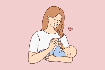 Smiling young woman unpack carton box with order. Happy female client or customer open cardboard box with online purchase. Vector illustration. . Happy woman feeding infant 