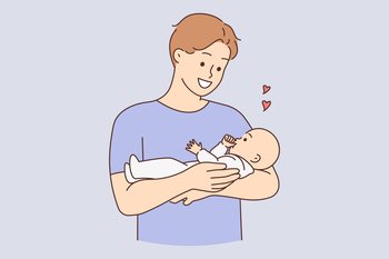 Smiling young father holding baby in arms showing love and care. Happy dad cuddle cute infant. Fatherhood and infantry. Vector illustration. . Happy father holding baby in arms 