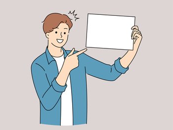 Smiling young man hold white mockup placard point at good deal or offer. Happy guy demonstrate empty banner recommend service. Vector illustration.. Smiling point at white placard
