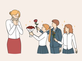 Happy children in uniform greeting excited young teacher presenting flowers. Smiling kids congratulate female tutor at school. Vector illustration.. Children in uniform greeting happy teacher