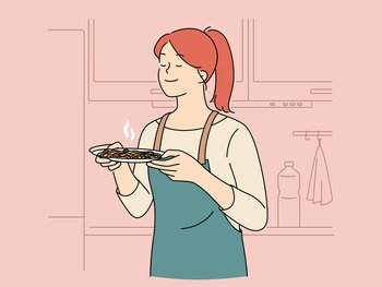 Happy woman in apron smell food in kitchen. Smiling satisfied girl cooking at home enjoy delicious meal preparation. Vector illustration.. Happy woman smell food in kitchen