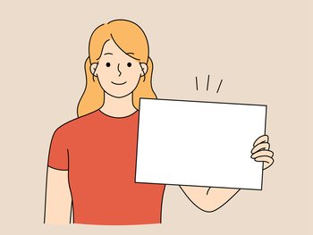 Young woman holding white mockup banner for advertising placement. Happy female with empty placard for ad. Recommendation concept. Vector illustration.. Young woman holding mockup placard