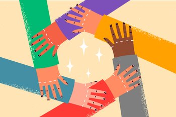 Close-up of diverse people hold hands in circle show friendship and unity. Multiracial friends or colleagues demonstrate togetherness and support. Vector illustration.. Diverse people hold hands in circle