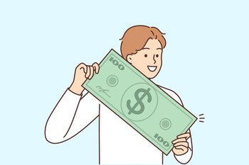 Smiling young man holding huge dollar bill in hands celebrate lottery win. Happy guy excited with money profit or income. Wellness and finances. Vector illustration. . Smiling man with huge dollar bill 