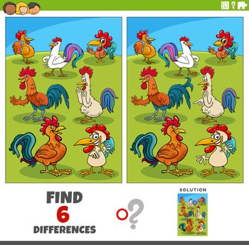 Cartoon illustration of finding the differences between pictures educational game with rooster birds farm animal characters