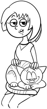 Black and white cartoon illustration of a young woman petting a cat on her lap coloring page