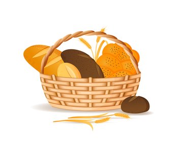 Bread bakery basket. Picnic wicker. Realistic weave full box. Wood hamper for food products. Shop container. Brown buns. Wheat ear and loaf. Grocery market. Bakeshop bag. Vector isolated illustration. Bread bakery basket. Picnic wicker. Realistic weave box. Wood hamper for food products. Shop container. Brown buns. Wheat ear and loaf. Grocery market. Bakeshop bag. Vector illustration