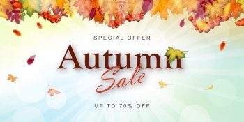Fall sale banner with bright autumn leaves over vanilla sky background with sunlight rays and glows. Design element for the autumn holidays, events, discounts, and sales. Vector illustration.