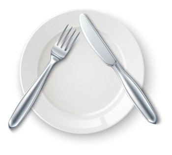 Dining etiquette pause signal. White plate with fork and knife isolated on white background. Dining etiquette pause signal. White plate with fork and knife