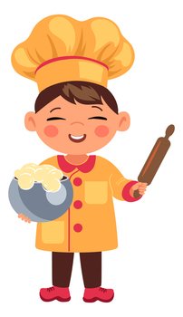 Little cook with prolling pin and dough. Cartoon kid chef isolated on white background. Little cook with prolling pin and dough. Cartoon kid chef
