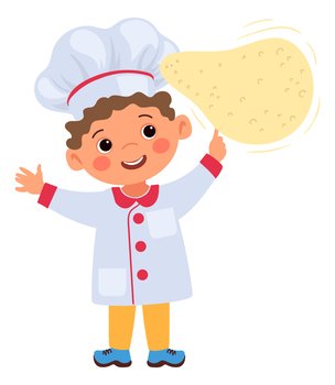 Funny boy with dough. Cartoon kid baking pastry isolated on white background. Funny boy with dough. Cartoon kid baking pastry