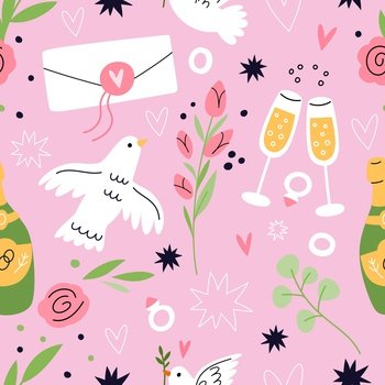 Cartoon wedding seamless pattern. Delicate romantic print. Love cute symbols. Pink hearts. Dove bird. Rose flowers and champagne wineglass. Engagement ring. Letter envelope. Garish vector background. Cartoon wedding seamless pattern. Delicate romantic print. Love symbols. Pink hearts. Dove bird. Flowers and champagne wineglass. Engagement ring. Letter envelope. Garish vector background