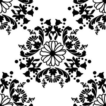 Black and white floral pattern. Vintage seamless wallpaper with a symmetrical pattern. Vector illustration.. Black and white floral pattern. 