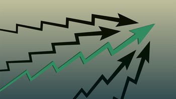 Upward trend green arrow with few dark arrows on gray background. Market or economy growth symbol. Vector illustration.