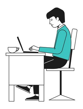 Man working on laptop. Home office. Coworking space. Vector illustration. Man working on laptop. Home office. Coworking space