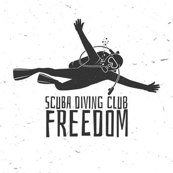 Scuba diving club. Vector illustration. Concept for shirt or logo, print, stamp or tee. Vintage typography design with diver silhouette.. Scuba diving club. Vector illustration.