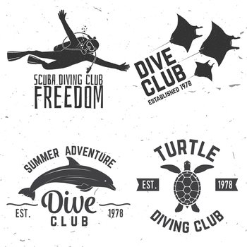 Set of Diving club badges. Vector illustration. Concept for shirt or logo, print, stamp or tee. Vintage typography design with dolphin, diver, black manta and turtle silhouette.. Set of Diving club badges.