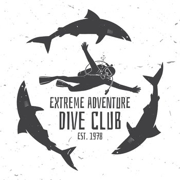Scuba diving club. Vector illustration. Concept for shirt or logo, print, stamp or tee. Vintage typography design with diver and sharks silhouette.. Scuba diving club. Vector illustration.