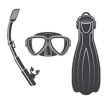 Scuba diving gear. Vector illustration. Set include dive mask, snorkel and fins. Vintage typography design with diver and sharks silhouette. Elements on the theme of the diving service business.. Scuba diving gear.