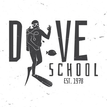 Dive school. Vector illustration. Concept for shirt or logo, print, stamp or tee. Vintage typography design with diver silhouette.. Scuba diving school.