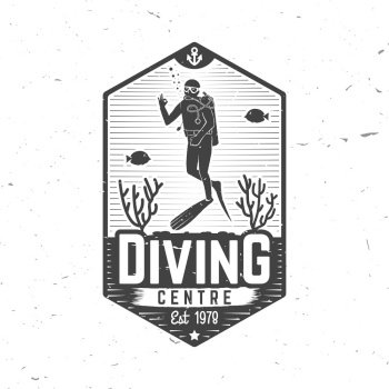 Diving centre. Vector illustration. Concept for shirt or logo, print, stamp or tee. Vintage typography design with diver silhouette.. Diving centre. Vector illustration.