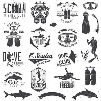 Set of Scuba diving club and diving school badges with design elements. Vector illustration. Concept for shirt or logo, print, stamp or tee. Vintage typography design with diving gear silhouette.. Set of Scuba diving club and diving school design.