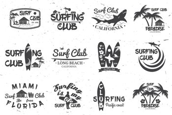 Set of retro vintage badges and labels. For web design, mobile and application interface, also useful for infographics. Surf club and surf school design. Vector illustration.. Surf club and surf school design.