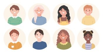 Bundle of smiling faces of boys and girls with different hairstyles, skin colors and ethnicities. Vector illustration in flat cartoon style.. Bundle of smiling faces of boys and girls with different hairstyles, skin colors and ethnicities. Vector illustration in flat cartoon style