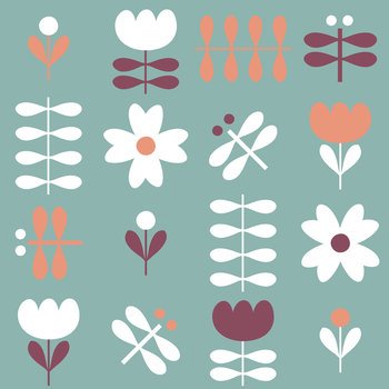 Hippie aesthetic seamless pattern with tulip flowers and dragonflies. Geometric print for tee, poster, textile and fabric. Floral vector background for decor and design.
