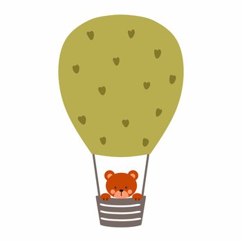 Cute bear cub is flying in air balloon. Vector isolated illustration. Poster to nursery. Decor of postcard.