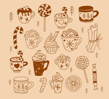 Vector doodle winter Christmas desserts and sweets. Creamy dessert in cup, Christmas mug with fir trees, caramel stick, cinnamon and citrus slice, lollipops. Isolated drawings for New Years decor