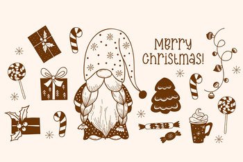 Doodles set with cute scandinavian gnome with Christmas tree, garland, gifts, gingerbread, lollipop, candy, dessert and caramel stick. Vector isolated hand drawings for holiday decor and design