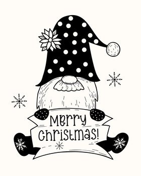 Merry Christmas greeting card with hand drawn cute Scandinavian gnome. Vector illustration.