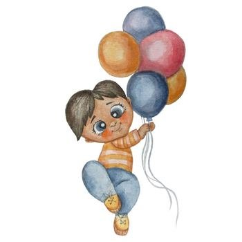 Cute little boy with balloons. Watercolor hand draw