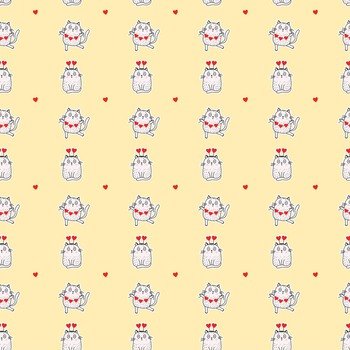 Seamless patterns. Valentines card Festive cats with a garland and in a hat with hearts dance and sit on a yellow background. Vector illustration for design, holidays and valentines
