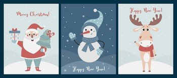 Merry Christmas greeting cards with Christmas characters Santa Claus with Christmas tree, snowman and cute deer. Vector vertical design templates. Xmas and New 2023 Year celebration preparation 