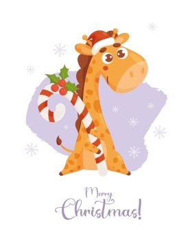Christmas card with cute giraffe santa with caramel stick candy and inscription Merry Christmas. Vector illustration. Template for design of your holiday cards, printing and decor, kids collection