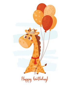 Greeting card with cute giraffe in birthday hat with balloons and inscription Happy Birthday. Vector illustration. Template with funny animal for kids collection, holiday cards, print and decor