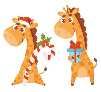 Christmas cute giraffes with Santa hat with caramel stick and gifts. Vector illustration. Funny animal characters in cartoon style for design of holiday card, printing, decor and kids collection