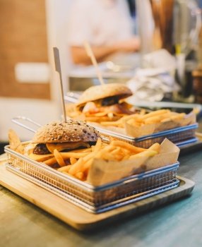 American cheese burger with fries
