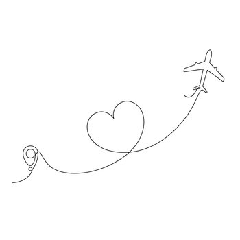 Airplane continuous line drawing with map pin pointer in heart shape. Airplane flying with start point. Vector isolated on white.. Airplane continuous line drawing with map pin pointer in heart shape.