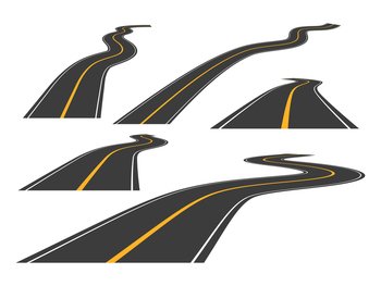 Curved straight asphalt road set. Perspective highway traffic with vertical yellow lines collection. Roadway trip symbol. Vector isolated on white.. Curved straight asphalt road set.