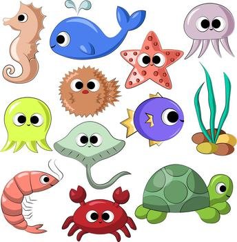 Set with cute cartoon underwaters animals in color
