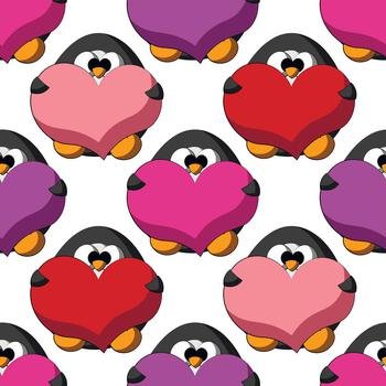 Seamless vector pattern with cute cartoon penguin with heart