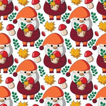 Seamless vector pattern with little autumns Gnomes with mushroom and leaf